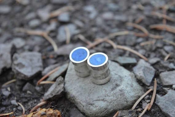 Silver and Solid Denim Lapis Handmade Large Plugs Gauges - Size 6g to 1" - Natural Lapis Lazuli Sterling Blue Inlay - Gold Plating Optional