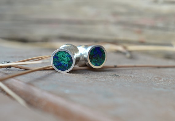 Handmade Azurite Malachite Plugs: Sterling Silver Gauges (6g to 3/4")