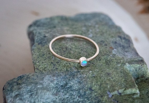 14K Gold and Natural White Opal Setting Handmade Ring - Small Stack Ring - Cute Simple Opalescent Minimalist Geometric Dainty Thin Gold Band