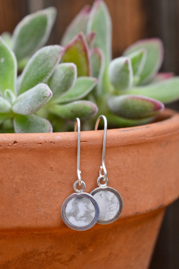 Silver and Solid Howlite Handmade Dangle Earrings - White Marble Sterling Ear Jewelry Pair Minimalist Geometric Simple Stone Rock Minimal