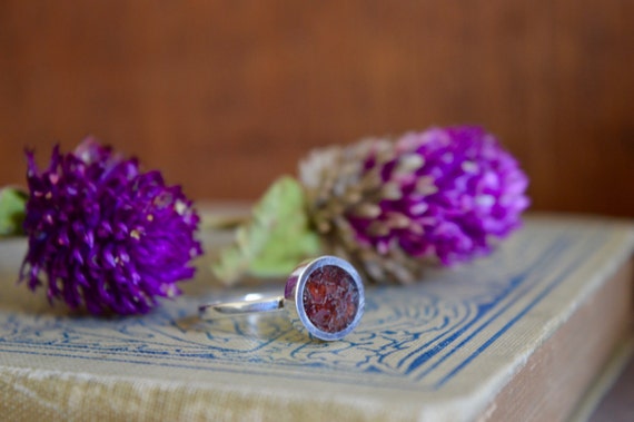 Silver and Crushed Garnet Handmade Ring - Natural Garnet Simple Red Gem Stone Minimalist Geometric Sterling Rock Powdered Color Circle