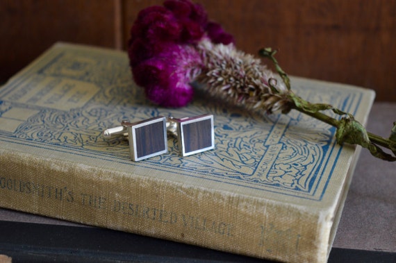 Silver and Philippine Ebony Wood Handmade Men's Square Cufflinks - Cuff Links Accessories Wedding Jewelry Red Brown Sterling Shiny Grain