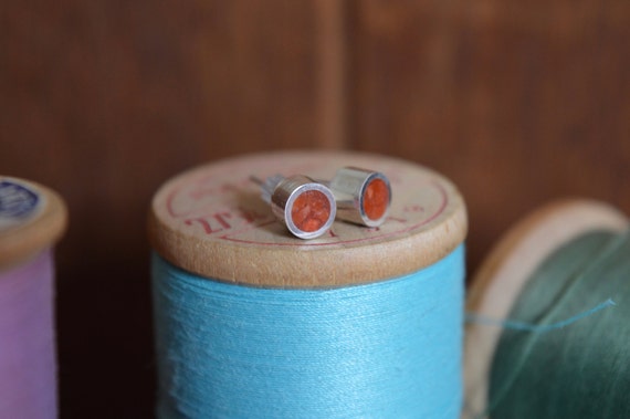 Silver and Crushed Red Coral Handmade Medium Stud Earrings - Real Natural Sterling Ear Cute Orange Pink Bright Piece Dainty Post Tiny Size