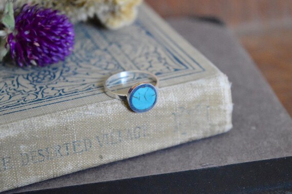 Silver and Whole Turquoise Handmade Ring - Natural Turquoise Simple Blue Green Gem Stone Minimalist Geometric Sterling Rock Powdered Circle