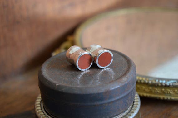 Silver and Solid Red Jasper Handmade Large Plugs Gauges - Size 6g to 1" - Natural Jasper Sterling Inlay Metal Stone - Gold Plating Available