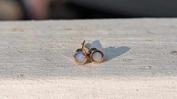 14k Solid Gold Opal Inlay Stud Earrings | Minimalist 3.5mm Flush Gold Posts