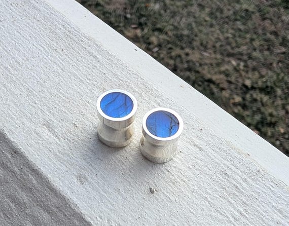 Silver and Solid Blue Labradorite Plugs Gauges Stone - Size 6g to 1" - Natural Sterling Flare Flash Shimmer Shine - Gold Plating Optional