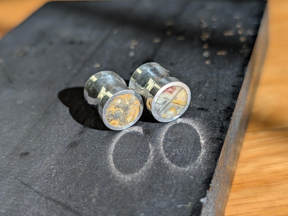 Handmade Silver Crazy Lace Agate Gauges: Large Stone Plugs (6g-1") Gold Plating