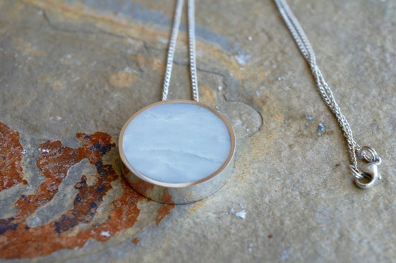Silver and Solid Marble Handmade Circle Pendant Necklace - Minimalist Jewelry Geometric Sterling Simple Beautiful Metalwork White Marbled