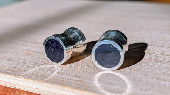 Handmade Sterling Silver Blue Goldstone Gauges: Large Stone Plugs (6g-1 1/2") Gold Plating - Blue Sandstone