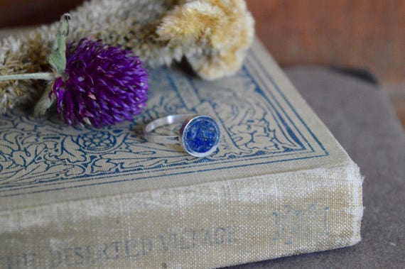 Silver and Crushed Lapis Lazuli Handmade Ring - Natural Stone Simple Dark Blue Gem Stone Minimalist Geometric Sterling Rock Powdered Circle