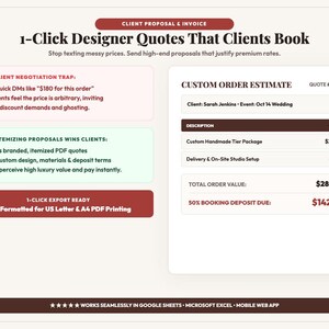 May include: A digital client proposal and invoice template featuring the title 1-Click Designer Quotes That Clients Book. It includes a custom order estimate for a wedding with itemized costs, a total of &pound;285.00, and a 50% booking deposit of &pound;142.50.