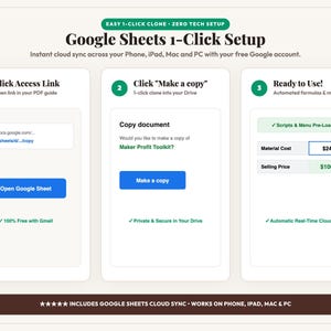 May include: An infographic titled Google Sheets 1-Click Setup detailing a three-step process. Steps include clicking an access link, selecting Make a copy, and using automated formulas. The graphic displays a sample spreadsheet with a material cost of $24.50.