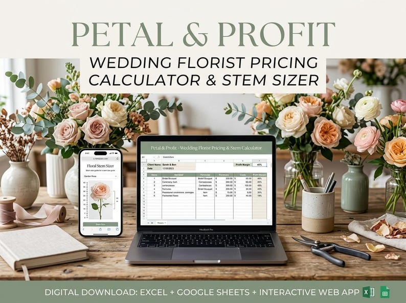 May include: A digital wedding florist pricing calculator and stem sizer displayed on a laptop screen and a smartphone. The screen shows a spreadsheet with columns for items, quantities, and profit margins. The text reads Petal & Profit.