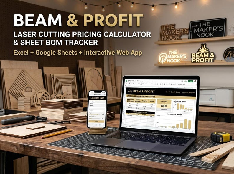 May include: A laptop and a smartphone displaying the Beam & Profit laser cutting pricing calculator and sheet BOM tracker software. The screens show data tables, charts, and input fields for Excel and Google Sheets, set on a workspace with wood.