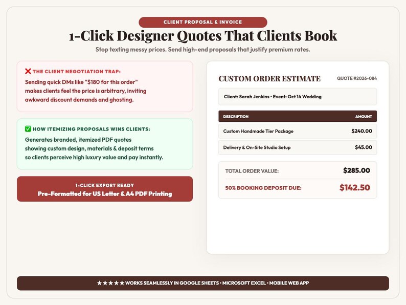 May include: A digital client proposal and invoice template featuring the title 1-Click Designer Quotes That Clients Book. It includes a custom order estimate for a wedding with itemized costs, a total of $285.00, and a 50% booking deposit of $142.50.
