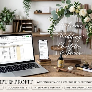 May include: A digital toolkit for wedding signage and calligraphy pricing, displayed on a laptop screen and smartphone, alongside a clear acrylic wedding sign with white script text, floral arch, gold ink, and calligraphy pens on a wooden desk.