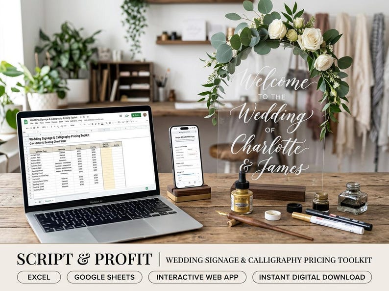 May include: A digital toolkit for wedding signage and calligraphy pricing, displayed on a laptop screen and smartphone, alongside a clear acrylic wedding sign with white script text, floral arch, gold ink, and calligraphy pens on a wooden desk.