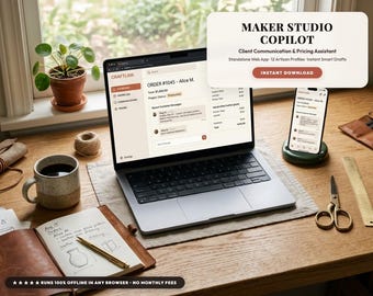 May include: A laptop and smartphone displaying the Craftlink Maker Studio Copilot web application interface. The screen shows order details, client messages, and pricing information. The devices sit on a wooden desk with a notebook, pen, and scissors.