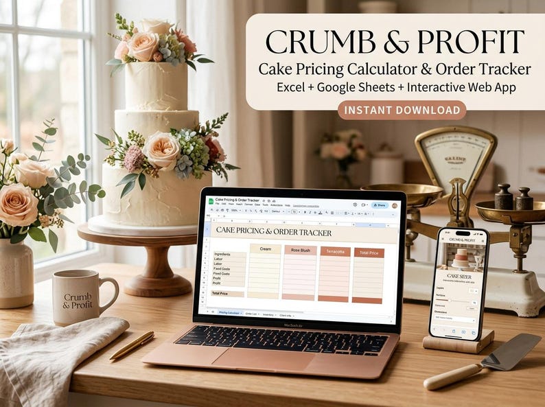 May include: A digital cake pricing calculator and order tracker displayed on a laptop and smartphone screen. The interface features the text CRUMB & PROFIT, Cake Pricing Calculator & Order Tracker, Excel + Google Sheets + Interactive Web App.