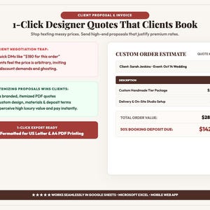 May include: A digital client proposal and invoice template featuring the title 1-Click Designer Quotes That Clients Book. It includes a custom order estimate for a wedding with itemized costs, a total of $285.00, and a 50% booking deposit of $142.50.
