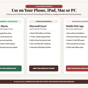 Peut inclure: Un graphique d'information sur le produit intitul&eacute; Use on Your Phone, iPad, Mac or PC. Il pr&eacute;sente trois formats : Google Sheets pour la synchronisation cloud, Microsoft Excel comme classeur autonome et une application web mobile pour des devis.