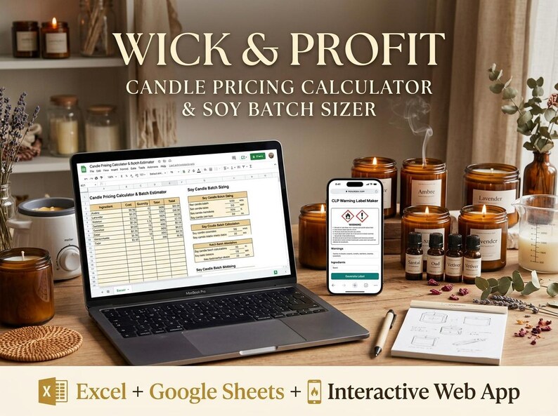 Peut inclure: Un ordinateur portable affichant un tableur intitul&eacute; Candle Pricing Calculator & Batch Estimator et un smartphone montrant une application CLP Warning Label Maker. Le texte WICK & PROFIT CANDLE PRICING CALCULATOR & SOY BATCH SIZER est visible.