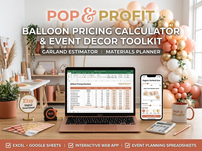 May include: A digital product display featuring a laptop and smartphone showing a balloon pricing calculator and event decor toolkit. The screen displays spreadsheets and an organic garland sizer app. Includes a calculator, tape measure, and mug.