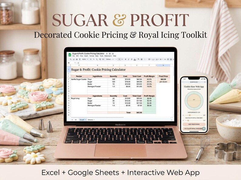 Pu&ograve; includere: Un computer portatile che mostra un foglio di calcolo Sugar & Profit Cookie Pricing Calculator e uno smartphone con una web app Cookie Sizer. Il testo sullo schermo recita Sugar & Profit: Cookie Pricing Calculator. Include biscotti decorati.