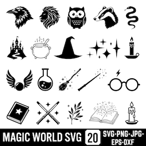 May include: A collection of twenty black and white icons featuring a raven, lion, owl, badger, snake, castle, cauldron, hat, stars, candle, winged ball, flask, broom, wand, glasses, book, crossed wands, plant, open book, and candle. Text reads MAGIC WORLD SVG 20.