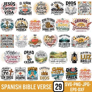 May include: A collection of twenty-nine circular and rectangular graphic designs featuring Spanish Christian Bible verses, religious symbols like crosses, hearts, mountains, and landscapes, rendered in various colorful typography and artistic styles.