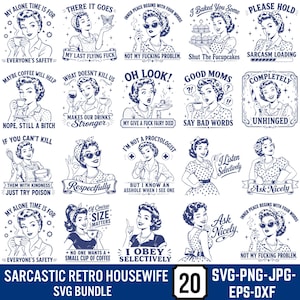 Peut inclure: Un ensemble de 20 illustrations rétro monochromes bleues représentant des femmes avec diverses légendes humoristiques et sarcastiques. Les designs incluent des phrases comme My Alone Time Is For Everyone's Safety et Ask Nicely.