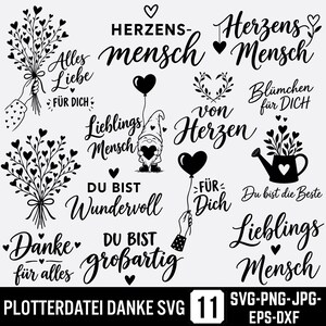 Könnte beinhalten: Eine Sammlung schwarzer Grafikdesigns mit Herzen, Blumen, einem Zwerg und deutschen Textphrasen wie Alles Liebe, Herzensmensch, von Herzen, Blümchen für Dich, Du bist wundervoll, Danke für alles und Du bist großartig auf einem weißen Hintergrund.