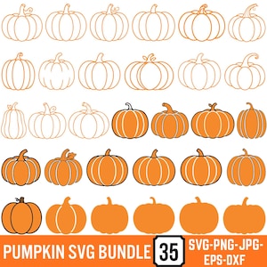 May include: A digital collection of 35 pumpkin illustrations featuring various orange outlines and solid orange shapes. The set includes diverse pumpkin silhouettes with stems, presented in a grid layout with the text PUMPKIN SVG BUNDLE 35 SVG-PNG-JPG-EPS-DXF.