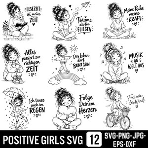 Może przedstawiać: Kolekcja dziewięciu czarno-białych ilustracji liniowych przedstawiających dziewczynę z nieładnym kokiem podczas różnych czynności, takich jak czytanie, medytacja, taniec w deszczu i jazda na rowerze, z niemieckimi frazami i sercami.