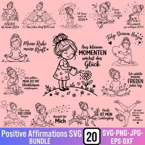 Puede incluir: Una colección de veinte ilustraciones de línea negra que muestran a niñas en diversas actividades con frases en alemán. Los diseños incluyen escenas como regar una flor, meditar, bailar y jugar, todo sobre un fondo de color rosa claro sólido.