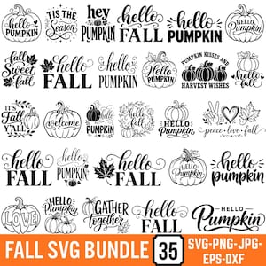 Puede incluir: Una colección digital de 35 diseños gráficos en blanco y negro con temas otoñales, calabazas, hojas de arce y tipografía estacional que incluye frases como hello pumpkin, hello fall, tis the season y gather together en varias fuentes.