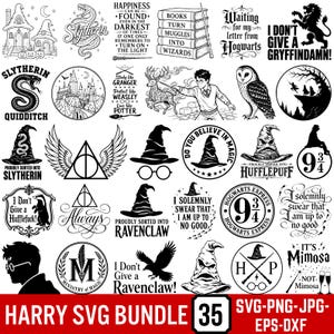 May include: A collection of 35 black and white digital graphic designs featuring wizarding themes, including sorting hats, snakes, owls, castles, iconic text quotes, and magical symbols arranged in a grid layout for use as SVG, PNG, JPG, EPS, and DXF files.