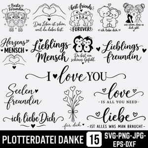 Könnte beinhalten: Eine Sammlung von fünfzehn schwarz-weißen Grafikdesigns mit Illustrationen von Figuren, Tieren und Herzen sowie Schriftzügen in Deutsch und Englisch wie Beste Freundin, I love you und Liebe ist alles was man braucht.