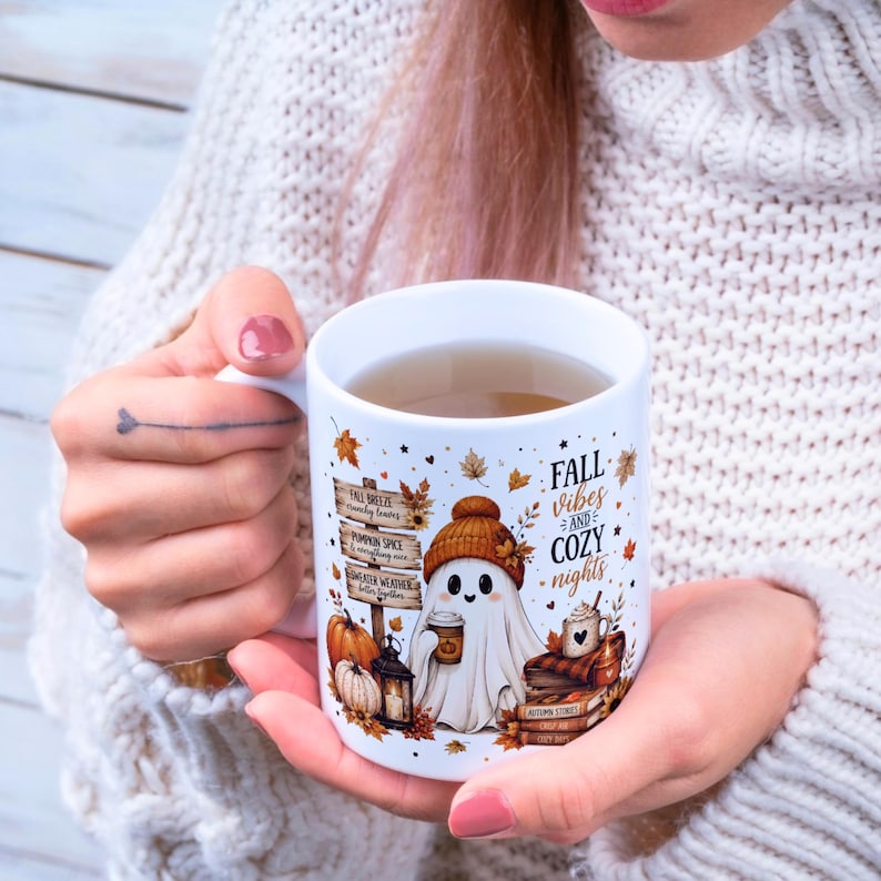 Fall Ghost Mug Wrap, Fall Mug PNG, Autumn Mug Wrap, 11oz & 15oz Fall Coffee Mug PNG, Digital Download