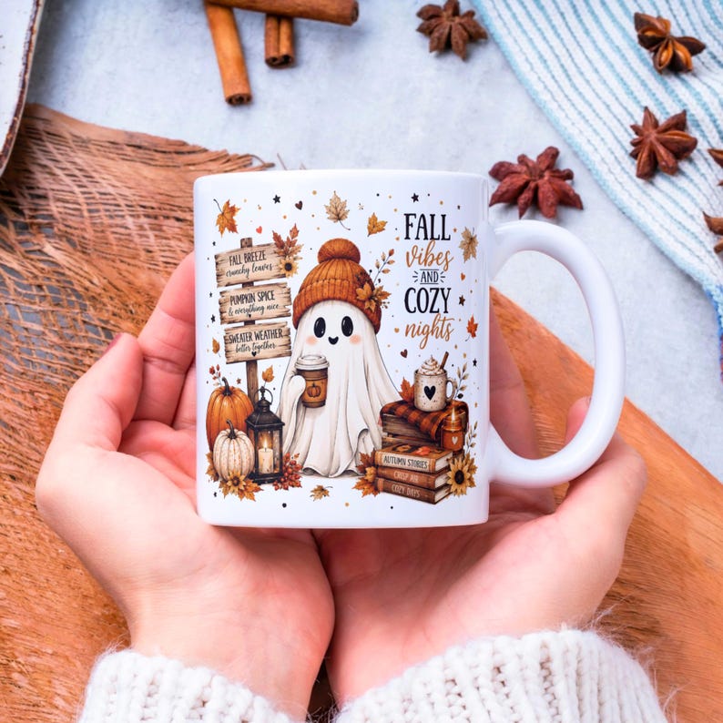 Fall Ghost Mug Wrap, Fall Mug PNG, Autumn Mug Wrap, 11oz & 15oz Fall Coffee Mug PNG, Digital Download
