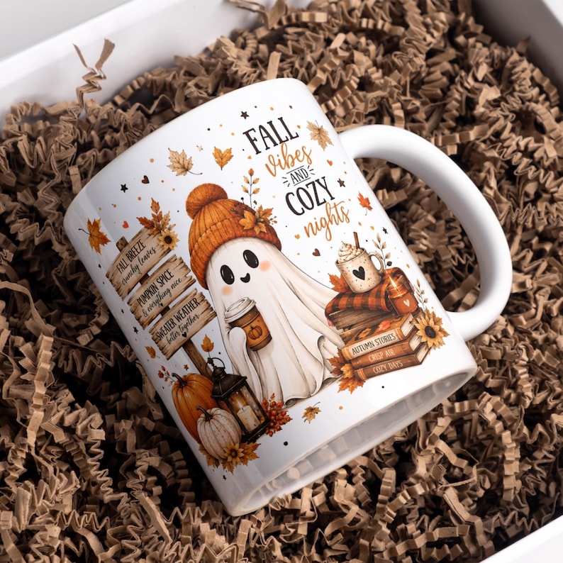 Fall Ghost Mug Wrap, Fall Mug PNG, Autumn Mug Wrap, 11oz & 15oz Fall Coffee Mug PNG, Digital Download