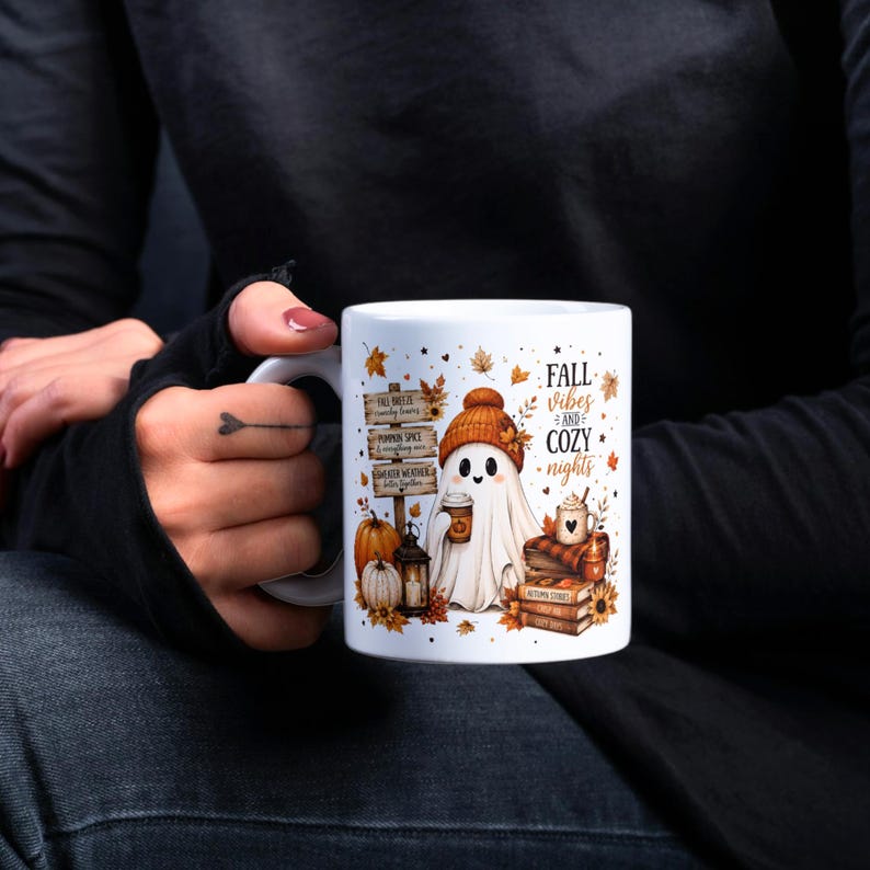 Fall Ghost Mug Wrap, Fall Mug PNG, Autumn Mug Wrap, 11oz & 15oz Fall Coffee Mug PNG, Digital Download