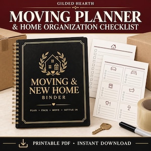 May include: A black spiral-bound moving and new home binder with gold text and a house icon on the cover. Included are white checklist pages with room icons, a metal key, and a roll of packing tape. The cover reads Moving & New Home Binder.