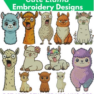 May include: A collection of twelve digital embroidery designs featuring cartoon llamas in various colors including blue, orange, beige, brown, and purple. The text "Cute Llama Embroidery Designs" appears at the top, with file formats listed at the bottom.