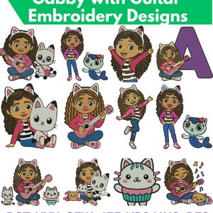 Può includere: Una collezione di ricami digitali raffiguranti una ragazza dei cartoni animati con capelli castani ricci e cerchietti con orecchie da gatto, accompagnata da vari personaggi gatto, chitarre e un gatto cupcake. Il testo recita Gabby with Guitar Embroidery Designs.
