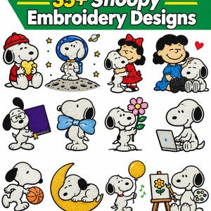 May include: A digital collection of 35+ Snoopy embroidery designs featuring various illustrations of the character Snoopy and friends in different activities, including wearing a space suit, holding a flower, and painting on a canvas.