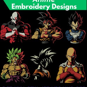 Könnte beinhalten: Eine digitale Sammlung von Anime Embroidery Designs mit sechs verschiedenen Charakterillustrationen auf schwarzem Hintergrund. Der Text Anime Embroidery Designs steht oben, mit den Dateiformaten DST, XXX, SEW, JEF, VP3, HUS, PES unten.