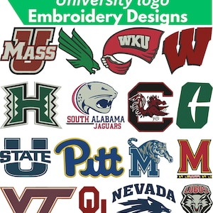 Pode incluir: Uma coleção de designs de bordado com logotipos universitários, apresentando vários emblemas, mascotes e textos universitários, incluindo UMass, WKU, South Alabama Jaguars, State, Pitt, Nevada e Lobos em cores variadas como bordô, verde, azul e vermelho.