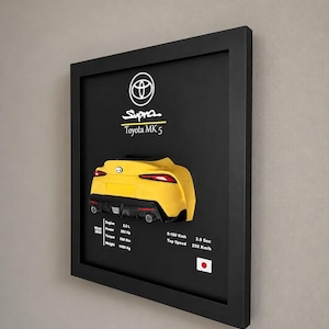 Könnte beinhalten: Ein gerahmtes Wandbild mit der Rückansicht eines gelben Toyota Supra MK 5. Auf schwarzem Hintergrund sind das Toyota-Logo, der Supra-Schriftzug und technische Daten wie 3.0 L Motor, 302 Hp, 500 Nm Drehmoment, 1490 Kg Gewicht, 3.9 Sek 0-100 km/h und 250 km/h.